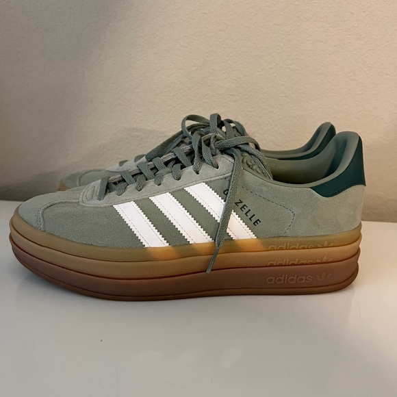 Adidas Women’s Gazelle Sage Green Suede Sneakers with White Stripes - Picture 2 of 3